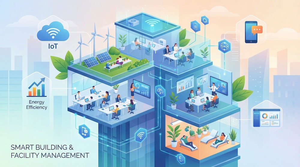 Illustration Smart Building et Facility Management : bureaux connectés, gestion de l'énergie IoT et espaces de bien-être